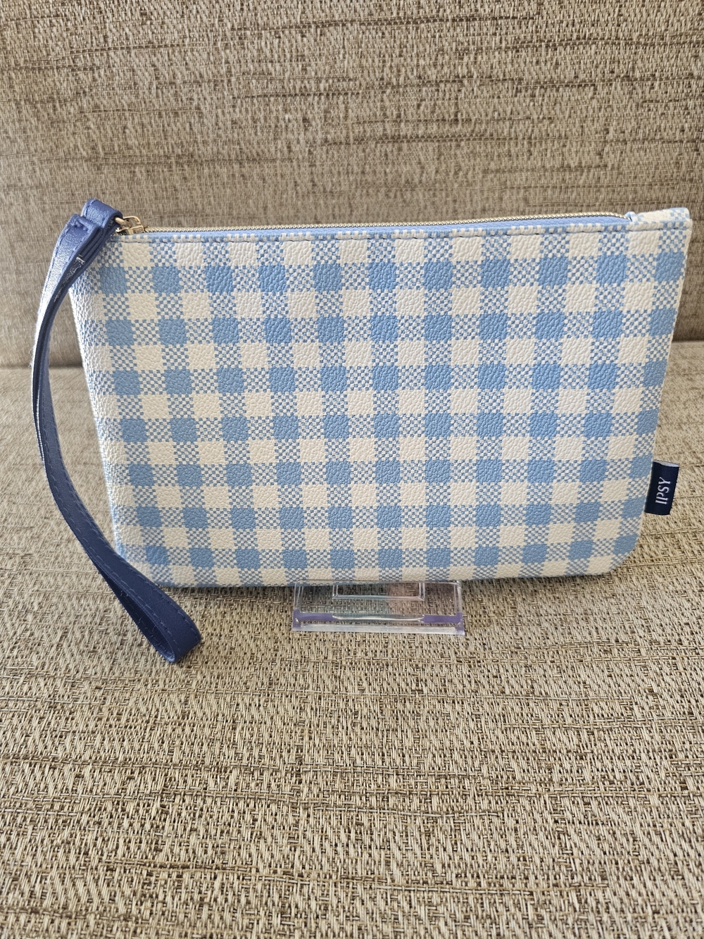 Light Blue and Cream Check Wristlet Pouch - IPSY
